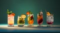 Set of fresh colorful alcoholic cocktails, delicious fresh summer drinks, summer holidays. Generative AI Royalty Free Stock Photo