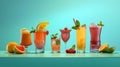 Set of fresh colorful alcoholic cocktails with fruits, delicious summer ice drinks, hot sunny holidays. Generative AI Royalty Free Stock Photo