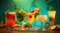 Set of fresh colorful alcoholic cocktails with fruits, delicious summer ice drinks, hot sunny holidays. Generative AI Royalty Free Stock Photo