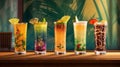 Set of fresh colorful alcoholic cocktails with fruits, delicious summer ice drinks, hot sunny holidays. Generative AI Royalty Free Stock Photo