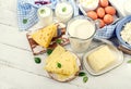 Set of fresh dairy products on a white wooden table Royalty Free Stock Photo