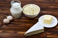 Set of fresh dairy products on wooden background. Royalty Free Stock Photo