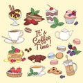 Set of fresh desserts with coffee, tea, berry, ice cream, cupcak