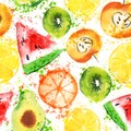 Set of Fresh fruit watercolor objects. Watercolored apple, citruses, avocado and qiwi in one art collection with