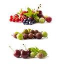 Set of fresh fruits and berries isolated a white background. Ripe currants, raspberries, cherries, strawberries, gooseberries, mul Royalty Free Stock Photo