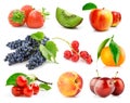 Set fresh fruits with green leaves isolated Royalty Free Stock Photo