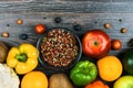 Set of fresh fruits, vegetables, spices on wooden background Royalty Free Stock Photo