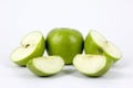 Set of fresh green apple isolated with sliced parts Apples on white background., whole, half, slice green apple with clipping path Royalty Free Stock Photo