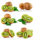 Set fresh kiwi fruits with green leaves Royalty Free Stock Photo