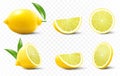 A set of fresh lemon isolated on transparent background. A whole lemon, half and slice a lemon. Realistic 3d vector illustration. Royalty Free Stock Photo