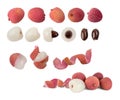 Set fresh lychee the skin is cut, whole, cut in half, with bone isolated on white background. Clipping Path. Royalty Free Stock Photo