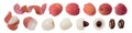 Set fresh lychee the skin is cut, whole, cut in half, with bone isolated on white background. Clipping Path. Royalty Free Stock Photo