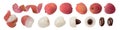 Set fresh lychee the skin is cut, whole, cut in half, with bone isolated on white background. Clipping Path Royalty Free Stock Photo