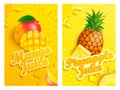 Set of fresh mango and pineapple juice background.