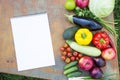 Set of fresh organic vegetables and fruits on rustic wooden table and notebook. Diet plan. Healthy food. Top view. From above. Royalty Free Stock Photo