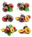 Set of fresh plum fruits with green leafs