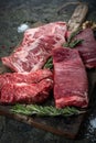 Set of fresh raw alternative beef steaks on a wooden Board: Denver, Skirt, Flank, Machete Royalty Free Stock Photo