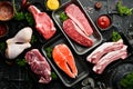 Set of fresh raw meat and fish in plastic boxes: veal, salmon steak, chicken, pork. Banner for the supermarket. Royalty Free Stock Photo