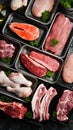 Set of fresh raw meat and fish in plastic boxes: veal, salmon steak, chicken, pork. Banner for the supermarket. Royalty Free Stock Photo