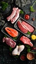 Set of fresh raw meat and fish in plastic boxes: veal, salmon steak, chicken, pork. Banner for the supermarket. Royalty Free Stock Photo