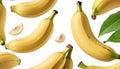 A set with Fresh ripe baby bananas with leaves falling v7