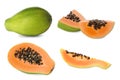 Set with fresh ripe papaya fruits on white background Royalty Free Stock Photo