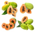 Set with fresh ripe papaya fruits on white background, top view Royalty Free Stock Photo