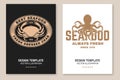 Set of fresh seafood retro poster, banner with dressed crab and octopus. Vector illustration. For seafood emblem, sign Royalty Free Stock Photo