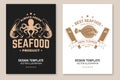 Set of fresh seafood retro poster, banner with shrimp, octopus and alaska sole or flounder. Vector. For seafood emblem