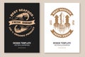 Set of fresh seafood retro poster, banner with shrimp and squid delicious. Vector illustration. For seafood emblem, sign