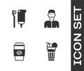 Set Fresh smoothie, Toothbrush and toothpaste, Coffee cup go and Positive thinking icon. Vector