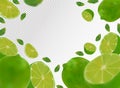 Set of fresh sour lime with green leaves.Falling lime on transparent background. Flying lime fruits are whole and cut in