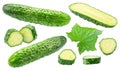 Set of fresh sweet small cucumbers and cucumber slices isolated on white background. Cucumbers that are used to pickling or