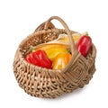 A set of fresh vegetables in a wicker basket on a white isolated background. Harvesting vegetables and fruits in summer and autumn Royalty Free Stock Photo