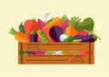 Set of fresh vegetables in a wooden box. Vector illustration, ha Royalty Free Stock Photo