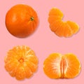 Set of fresh whole and cut mandarin, tangerine and slices isolated on pink background. From top view Royalty Free Stock Photo