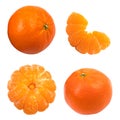 Set of fresh whole and cut mandarin, tangerine and slices isolated on white background. From top view Royalty Free Stock Photo