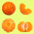 Set of fresh whole and cut mandarin, tangerine and slices isolated on Yellow background. From top view Royalty Free Stock Photo