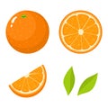 Set of fresh whole, half, cut slice and leaves orange fruit isolated on white background. Tangerine. Organic fruit. Cartoon style Royalty Free Stock Photo