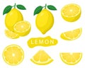 Set of fresh whole, half, cut slice lemon fruits isolated on white background. Summer fruits for healthy lifestyle. Organic fruit Royalty Free Stock Photo