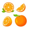 Set of fresh whole, half, cut slice of orange fruit isolated on white background. Royalty Free Stock Photo