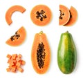 Set of fresh whole and half papaya fruit and slices Royalty Free Stock Photo