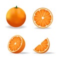 A set of fresh whole, halves, sliced orange slices isolated on a white background. Royalty Free Stock Photo