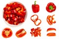 Set of fresh whole and sliced bell pepper isolated on white background. Top view Royalty Free Stock Photo