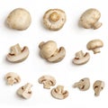 Set of fresh whole and sliced champignon mushrooms isolated on white background. Top view Royalty Free Stock Photo