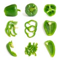 Set of fresh whole and sliced green bell pepper isolated on white background. Top view Royalty Free Stock Photo