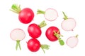 Set of fresh whole and sliced radish isolated on white background. Top view Royalty Free Stock Photo