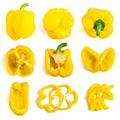 Set of fresh whole and sliced yellow bell pepper isolated on white background. Top view Royalty Free Stock Photo