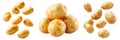 A set of Fresh yellow potatoes with natural speckled skin, isolated on a transparent background. Whole unpeeled potatoes