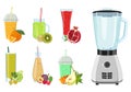 Set of freshly squeezed drinks in glasses and blender. Vector illustration Royalty Free Stock Photo